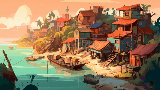 卡通房子村庄太阳红色小船左边阳光
