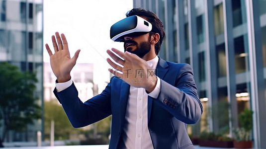 首席执行官背景图片_兴奋的企业主使用 VR 眼镜进行 3D 模拟并操纵物体