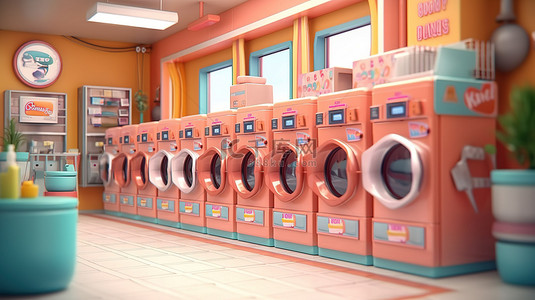 洗衣店投币式洗衣机的 3D 卡通插图