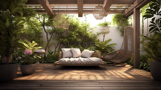 室内场景和花园露台 3d 效果图令人惊叹的插图