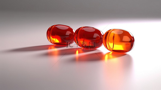 红色红橙色背景图片_白色表面上四个红色和橙色药物胶囊的充满活力的 3D 渲染投射阴影