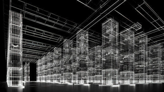 工业背景图片_自动化仓库的 3D 线框插图