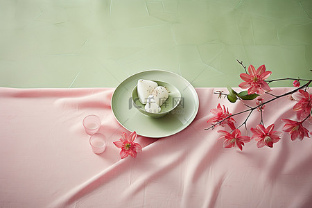 茶背景图片_桌子的顶部铺着绿色餐巾