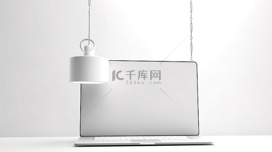 现代笔记本电脑和空悬挂横幅，用于白色背景 3D 渲染上的定制设计