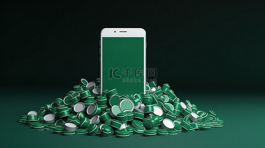 一个绿色的杯子被一堆光滑的 whatsapp 药丸包围着，就像智能​​手机在 3d 中出现一样
