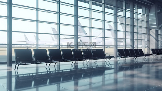 3d 渲染的机场航站楼中空置的座位和闪闪发光的玻璃窗