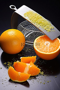 两片橙子，一个橙子切片机和一个橙子削皮器