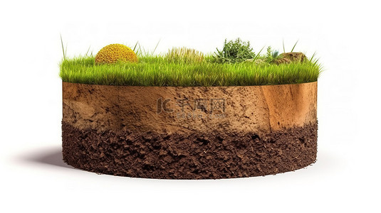 具有茂密草横截面的圆形土壤地面的孤立 3D 渲染
