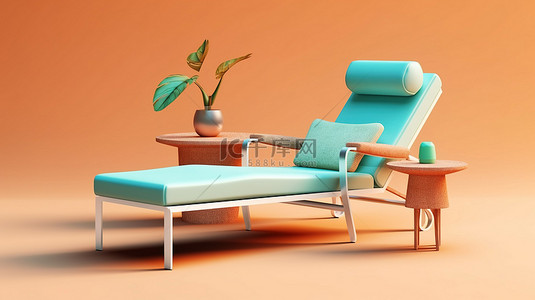 放松的躺椅和床头柜的 3D 插图