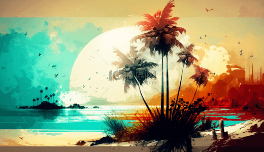 海简笔画背景图片_夏季沙滩椰树植物