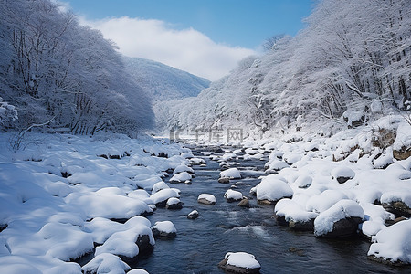 河水被雪覆盖，山也被雪覆盖