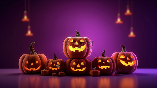 传统的 10 月庆祝活动幽灵般的讲台和杰克灯笼在紫色万圣节背景 3d
