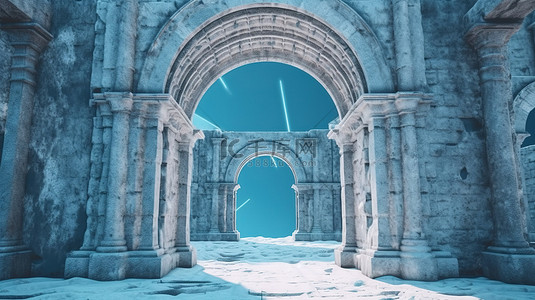 城堡背景墙背景图片_双色调 3D 渲染带有蓝色中世纪拱门的封闭城堡大门