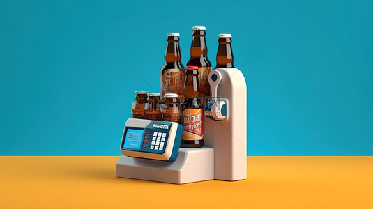 蓝色背景的 3D 插图，带有支付终端和六包玻璃瓶装啤酒