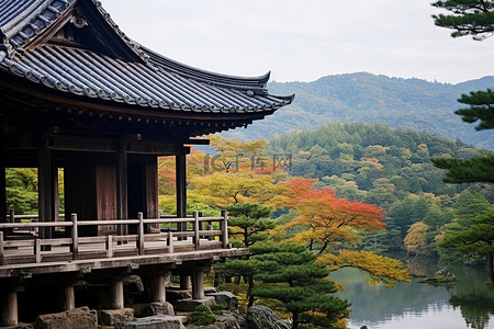 韩国建筑背景图片_一座俯瞰池塘的传统中国石砌建筑