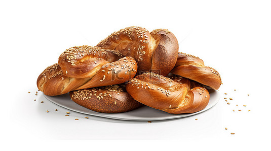 白色背景上孤立的传统犹太 Challa 面包的 3D 渲染