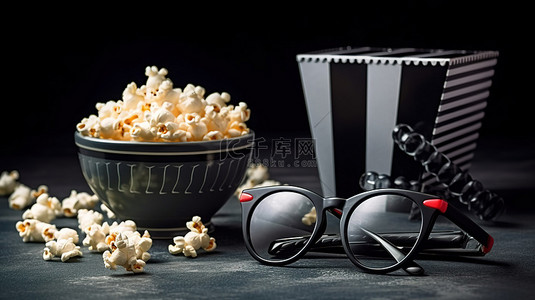 灯光相机动作拍板和黑色黑板上带有爆米花碗的 3D 眼镜庆祝电影行业