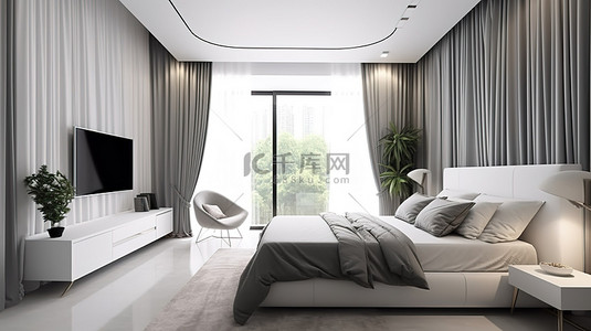 现代卧室采用白色调装饰，配有电视柜和灰色窗帘，采用 3D 渲染设计