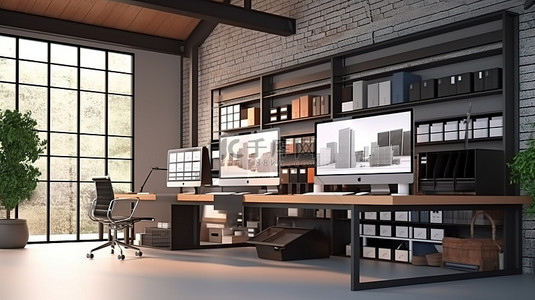 阁楼办公室电脑屏幕上显示的建筑软件 3D 渲染