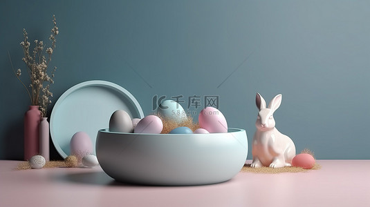 复活节兔子和彩蛋背景图片_复活节主题的 3D 产品展示台装饰着兔子和彩蛋