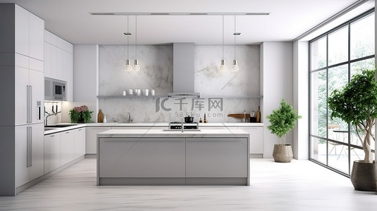 模糊的食物背景图片_时尚现代的厨房设计，配有白色台面和充足的空间用于复制 3D 渲染