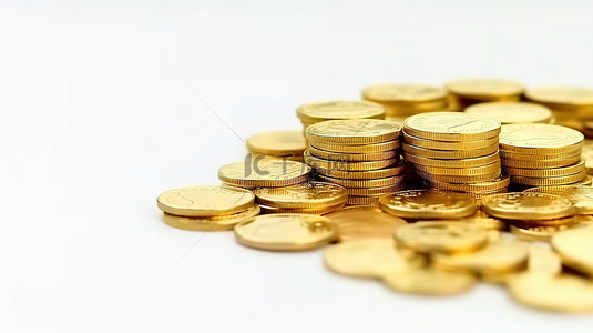 经济金币背景图片_盈利收入白墙上一堆闪闪发光的金币的特写