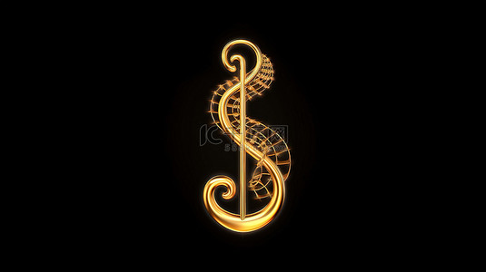 黑色背景上的正宗金色金属高音谱号 3D 装饰音乐符号元素供设计使用