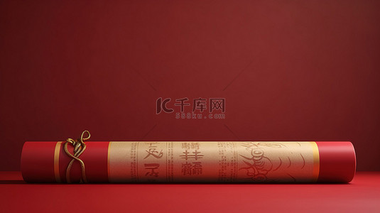 新中式红背景图片_可定制的书法卷轴，带有空白空间，适合中国新年 3D 渲染