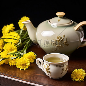 一个茶壶旁边是一个开着黄色花朵的绿色杯子