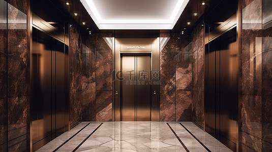 滨海酒店背景图片_商务酒店的豪华电梯大堂采用铜色和花岗岩石材的 3D 渲染现代化