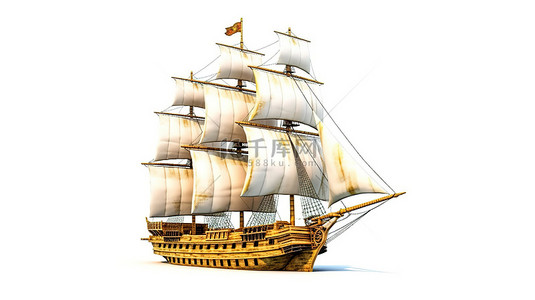 古董海船金色卡拉维尔海盗船或军舰在白色背景下以 3D 渲染