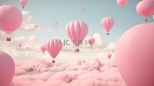 粉红色的天空和翱翔的气球航空旅行和旅游之旅3D 渲染插图