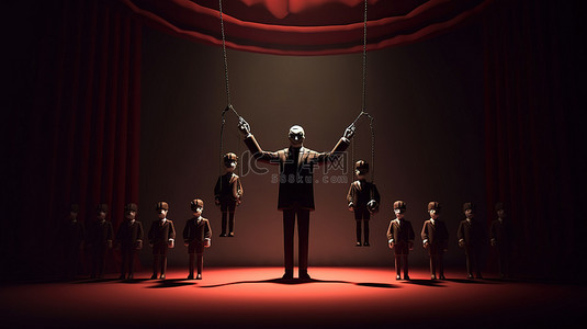 阴影控制 3D 插图描绘了政治中一个大木偶对其较小对手的统治