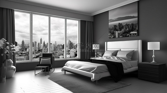 时尚黑白背景图片_时尚黑白卧室的 3D 渲染，通过大窗户可欣赏城市全景