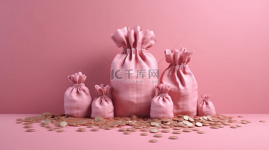储蓄背景图片_粉红色背景，带有 3D 渲染的钱袋和堆叠硬币，说明储蓄投资和利润