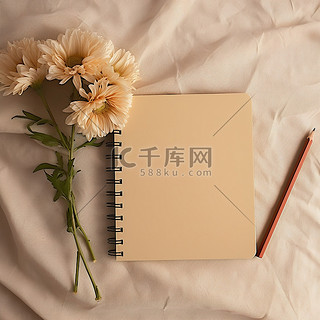 背景中的笔记本和花