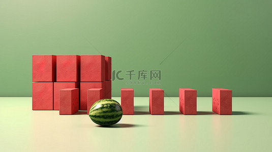 3D 插图展示了独特且独特的立方体形状的西瓜，在庆祝个性和原创性的典型西瓜中