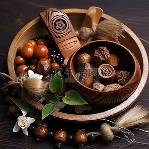 漂亮的装饰品背景图片_一些漂亮的棕色物品作为碗中的中心装饰品