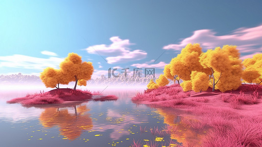 令人惊叹的 3D 渲染充满活力的黄色树木和粉红色的草地在风景优美的湖泊和天空下