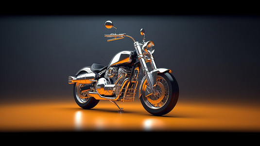 一辆摩托车独立站立在平原背景上的 3D 渲染插图