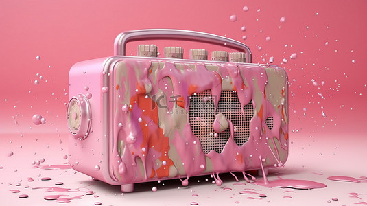 印迹风格粉红色油漆 3d 渲染中的老式收音机