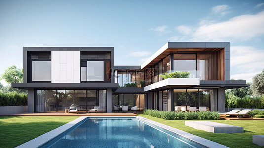 带草坪庭院和游泳池的现代豪华住宅令人惊叹的 3D 渲染