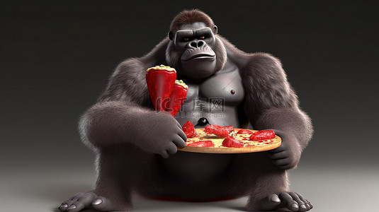 滑稽的 3D 大猩猩穿着西装，拿着披萨