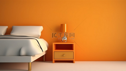 带单色金色床头柜的橙色室内房间的 3d 图标