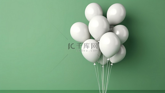 墙背景图片_3D 渲染中描绘的绿墙背景下的一组白色气球
