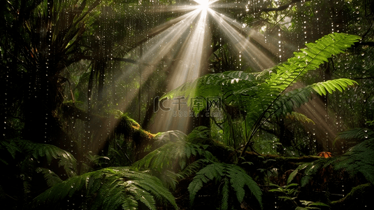 夏季背景图片_雨中森林背景热带雨林叶子装饰自然背景