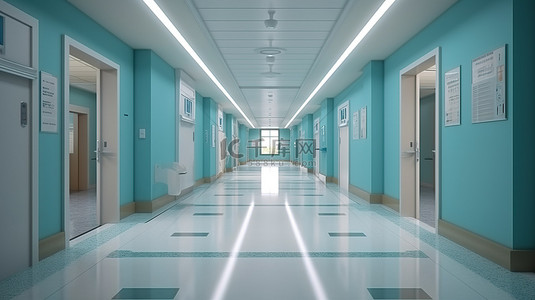 医院室内走廊的 3D 渲染