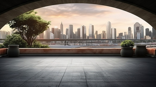 空荡荡的沥青路上的桥梁，具有 3D 渲染的城市景观背景