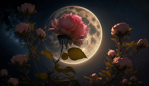 月亮夜晚玫瑰创意背景