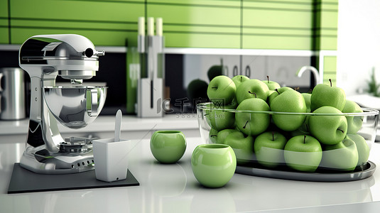 方案室内设计背景图片_新鲜水果和厨房用具的 3D 渲染，填充黑白陶瓷厨房设计，采用绿色配色方案
